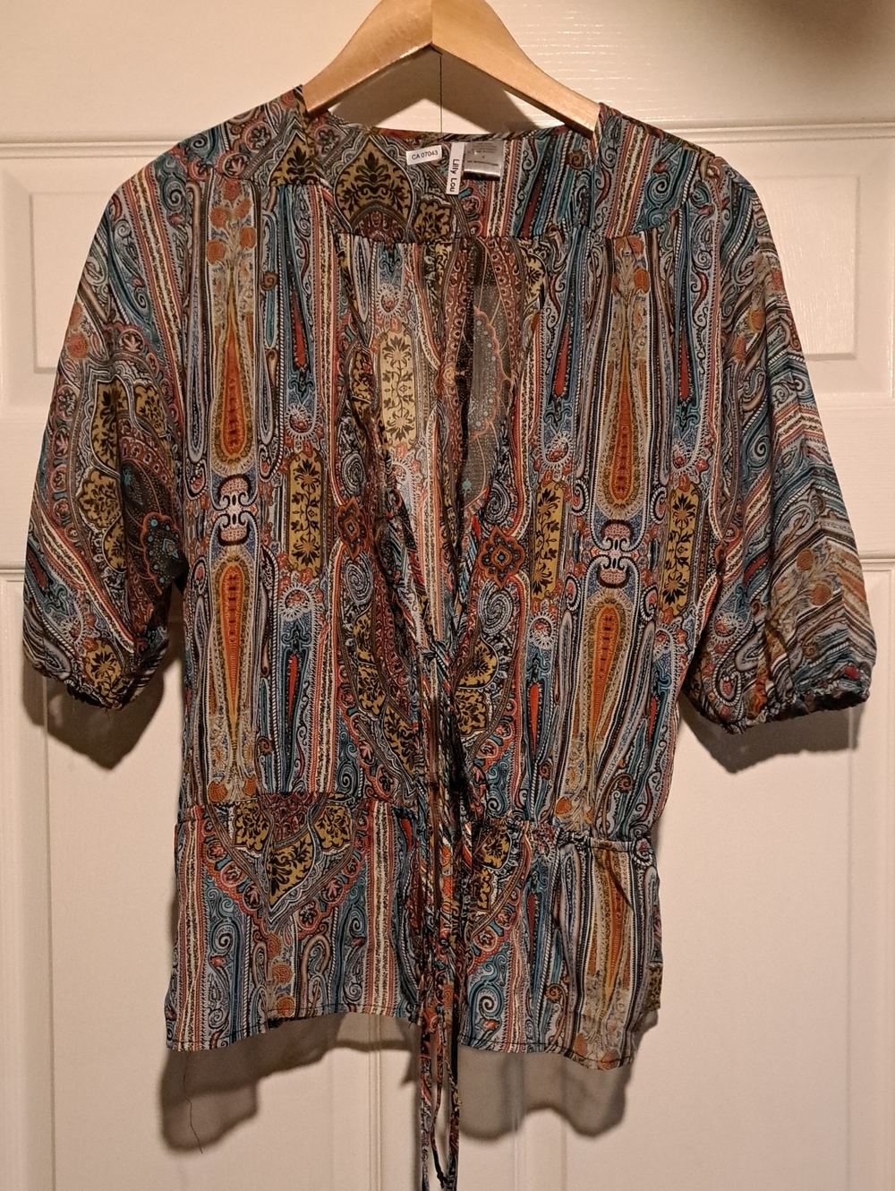 Womans  Multicolor Paisley-Striped Short-Sleeve Blouse Cardigan Sheer light